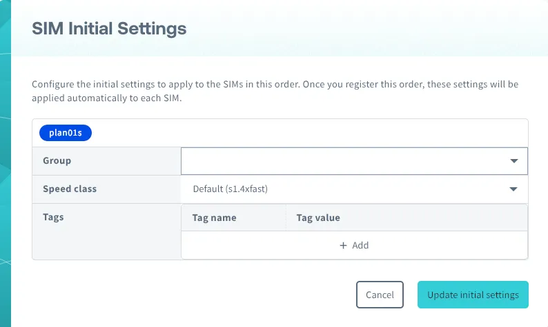 Screenshot of the Assign Initial Settings screen for IoT SIMs in an order
