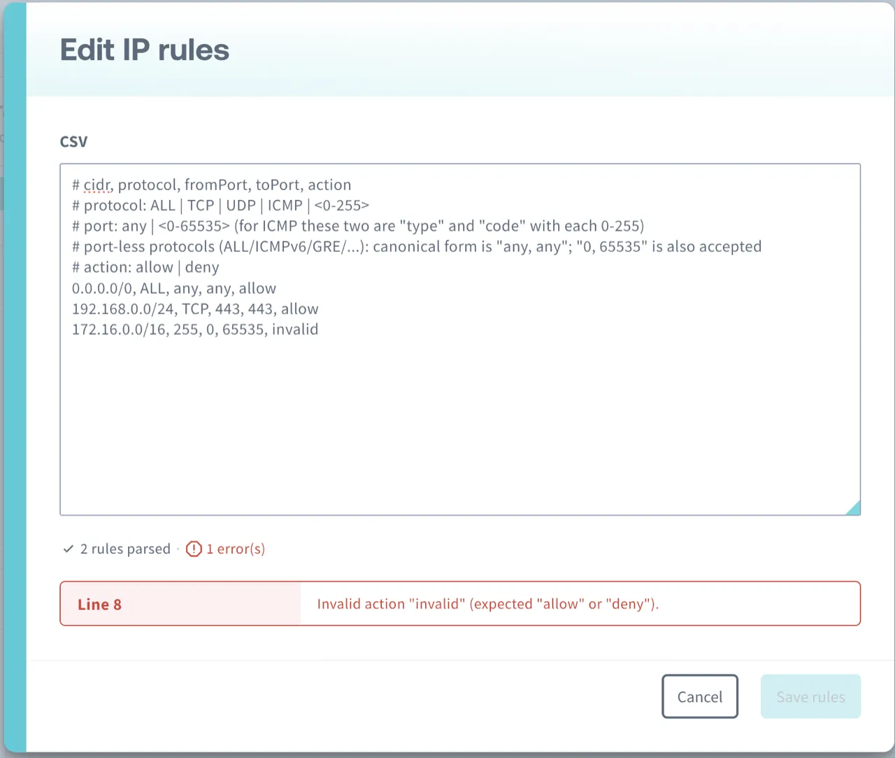 The CSV bulk edit editor with a line error; the offending line is reported with its line number and the Save rules button is disabled