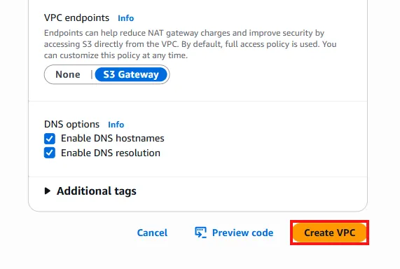 Create VPC page with Create VPC button highlighted