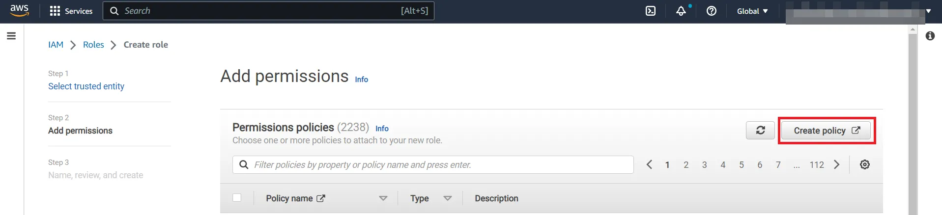 Create Policy button in IAM