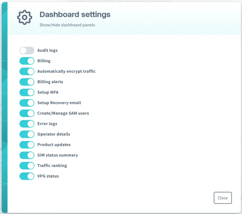 Screenshot of Dashboard settings