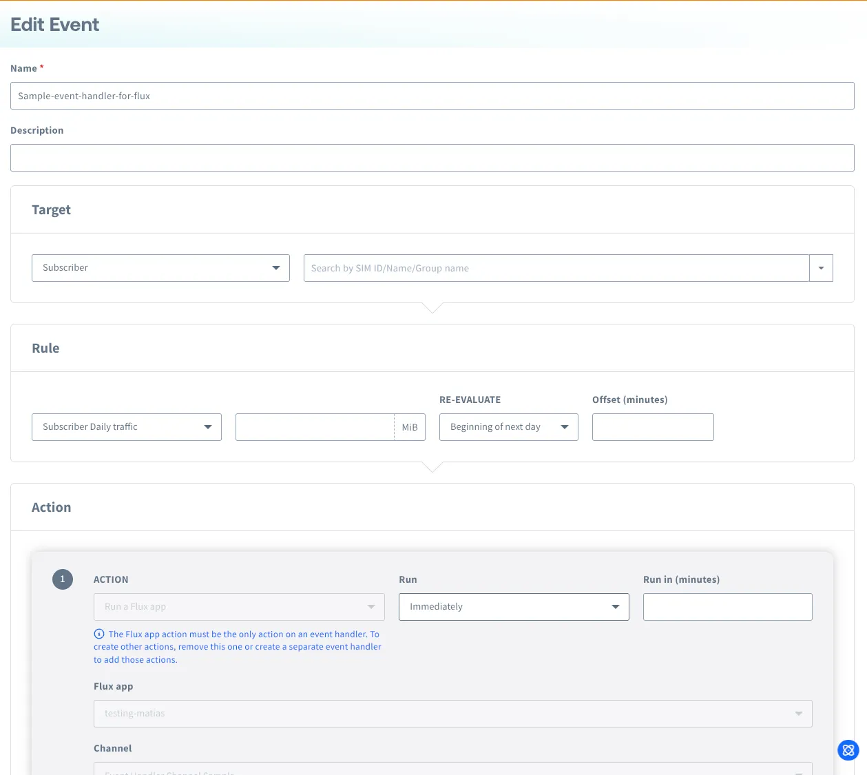 Event Handler screen with the Run a Flux app action locked to a channel
