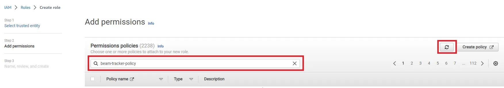 Search and select created policy