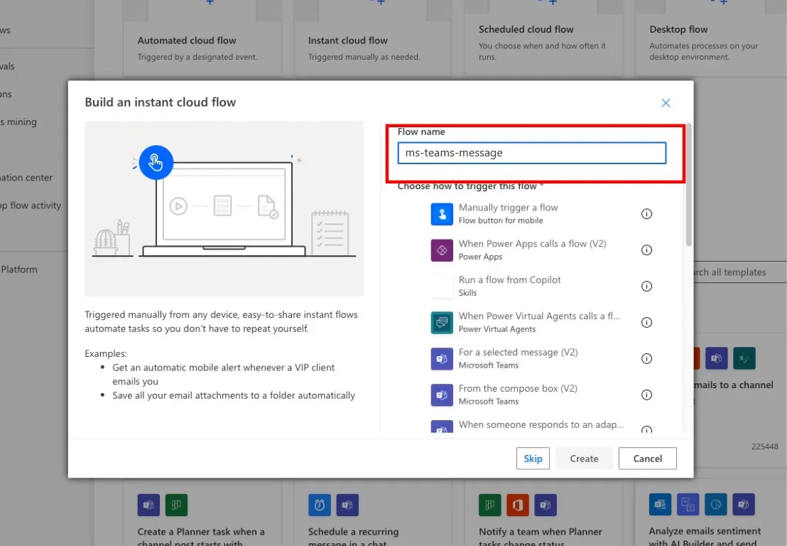 Screenshot highlighting the Flow Name input field in Microsoft Power Automate.