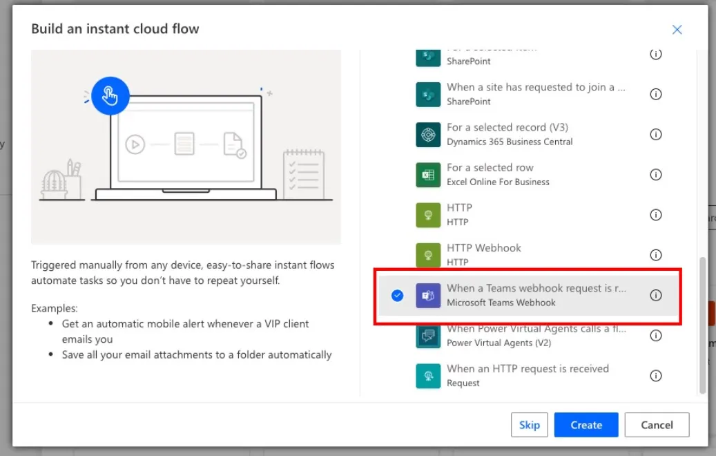 Screenshot showing the trigger selection When a Teams webhook request is received in Microsoft Power Automate.