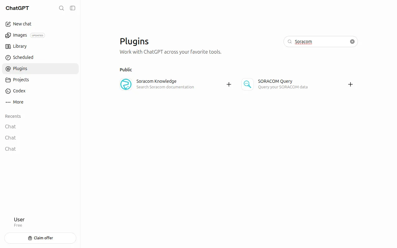 Screenshot of the ChatGPT plugin directory searched for Soracom, showing the SORACOM Query and Soracom Knowledge entries