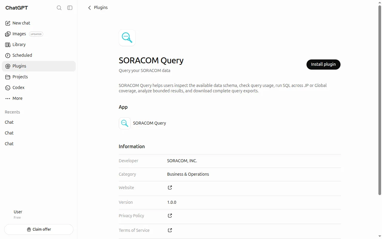 Screenshot of the SORACOM Query plugin listing showing the Install plugin button and the developer information