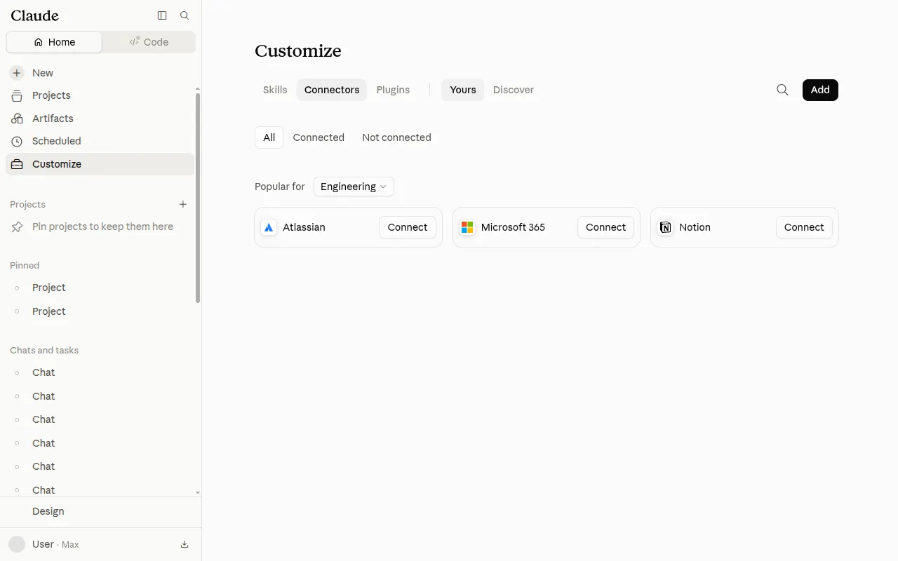 Screenshot of the Customize page in Claude with the Connectors tab selected, showing the Yours and Discover tabs and the Add button