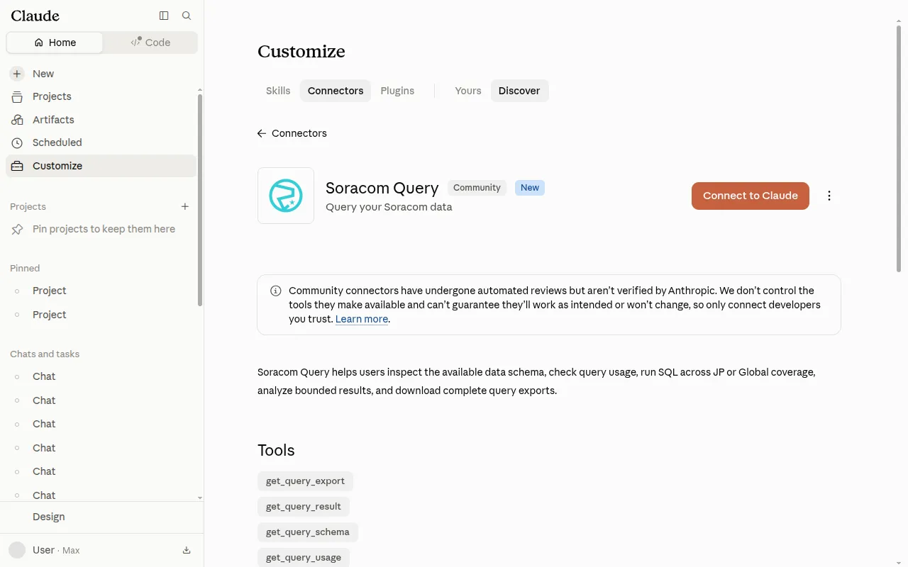 Screenshot of the Soracom Query connector listing showing the Connect to Claude button, the description, and the five tools