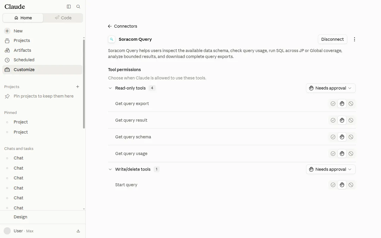 Screenshot of the Soracom Query connector page showing Tool permissions with four read-only tools and one write tool
