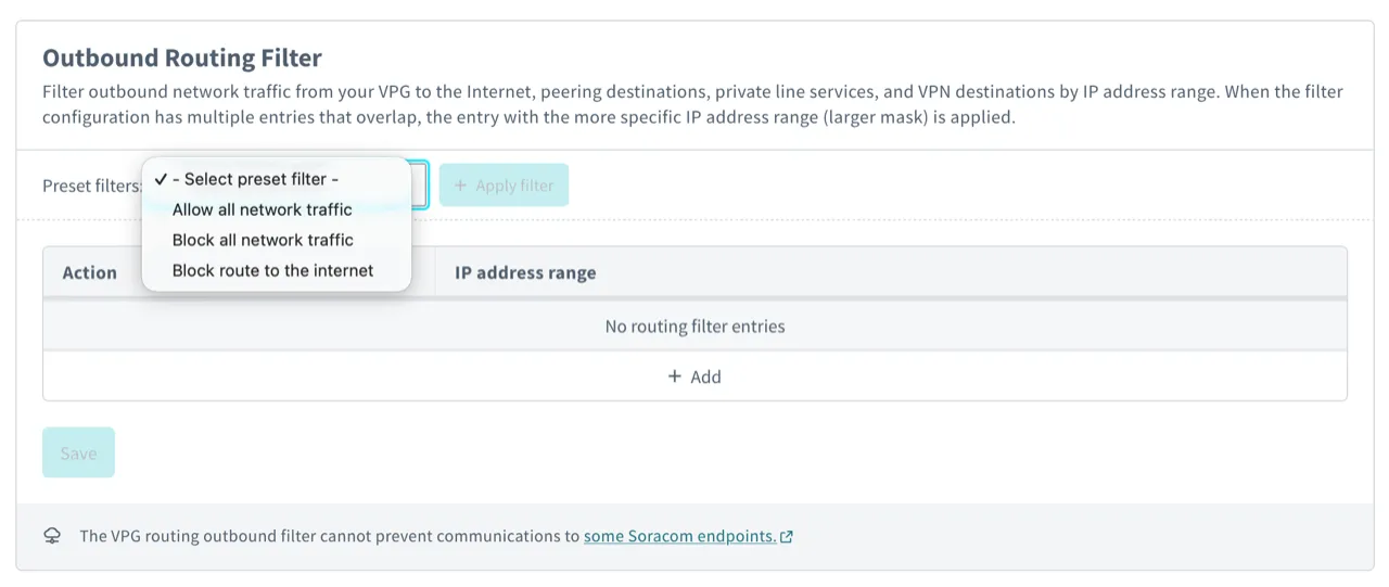 Screenshot showing the outbound routing filter preset filters dropdown