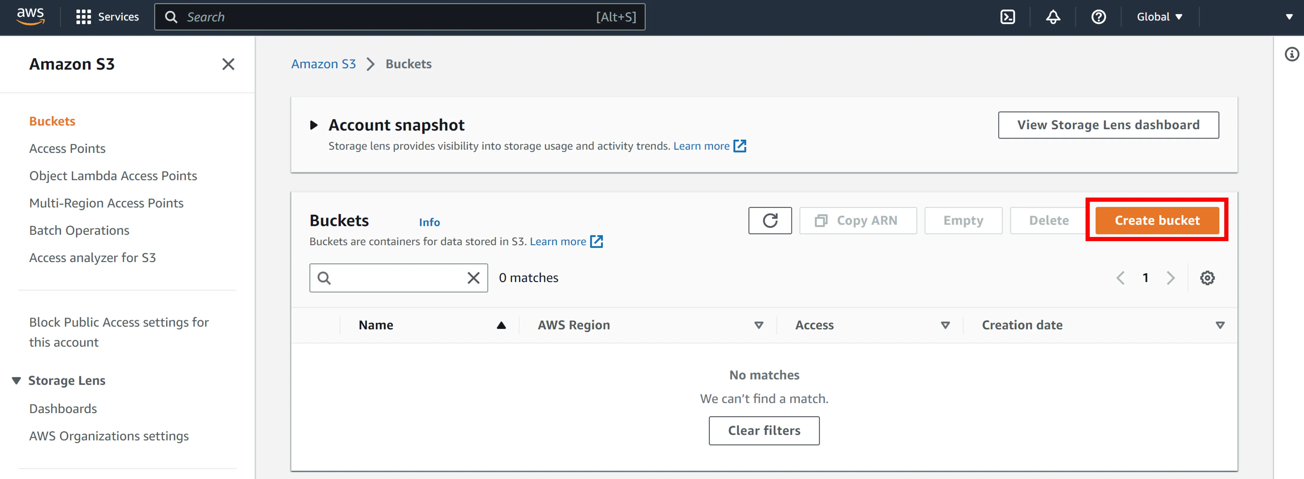 Create S3 Bucket Button