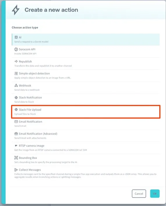 Screenshot of the action list in the Create a new action dialog, showing Slack File Upload right after Slack Notification.
