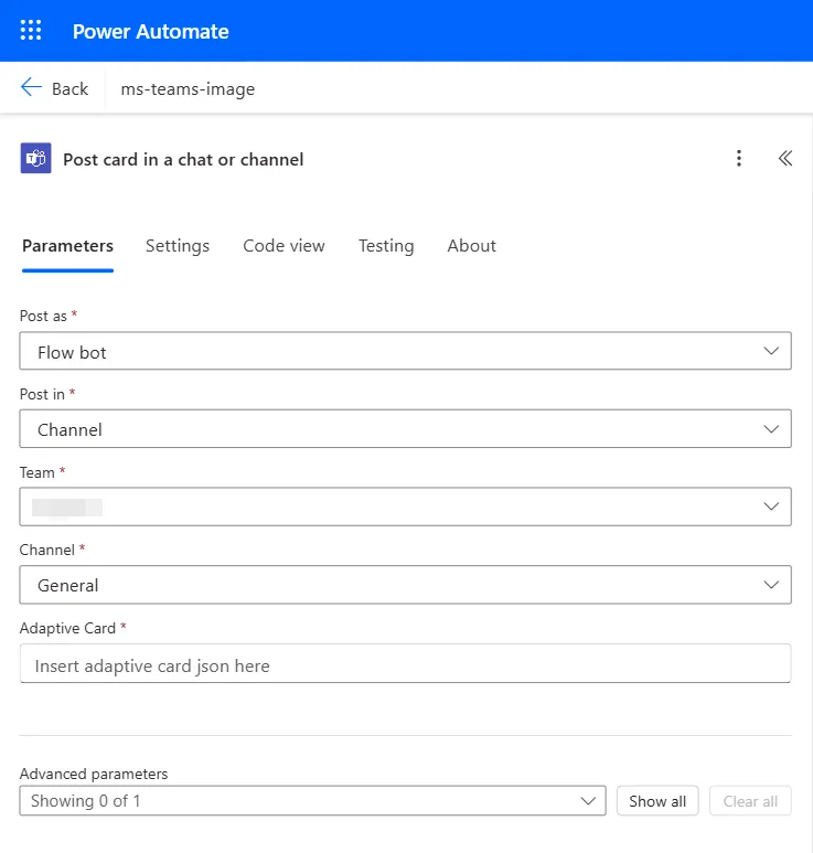 Screenshot showing the configuration fields for posting a message as a Flow bot to a specific Microsoft Teams channel.