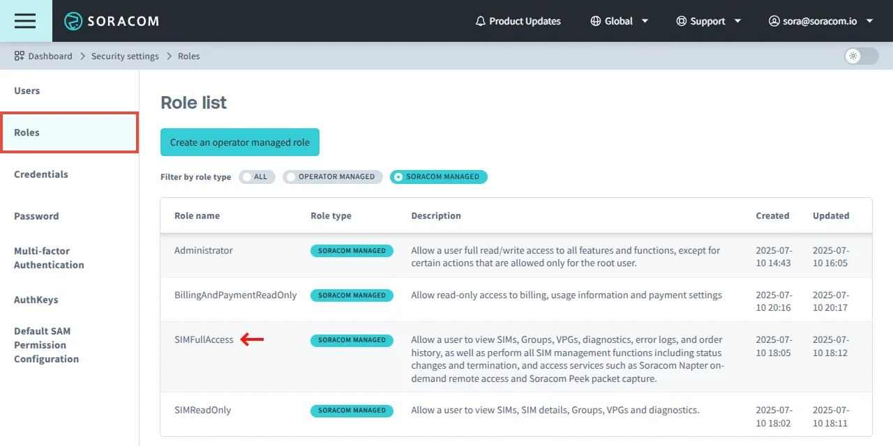 Screenshot of roles filtered by Soracom Managed
