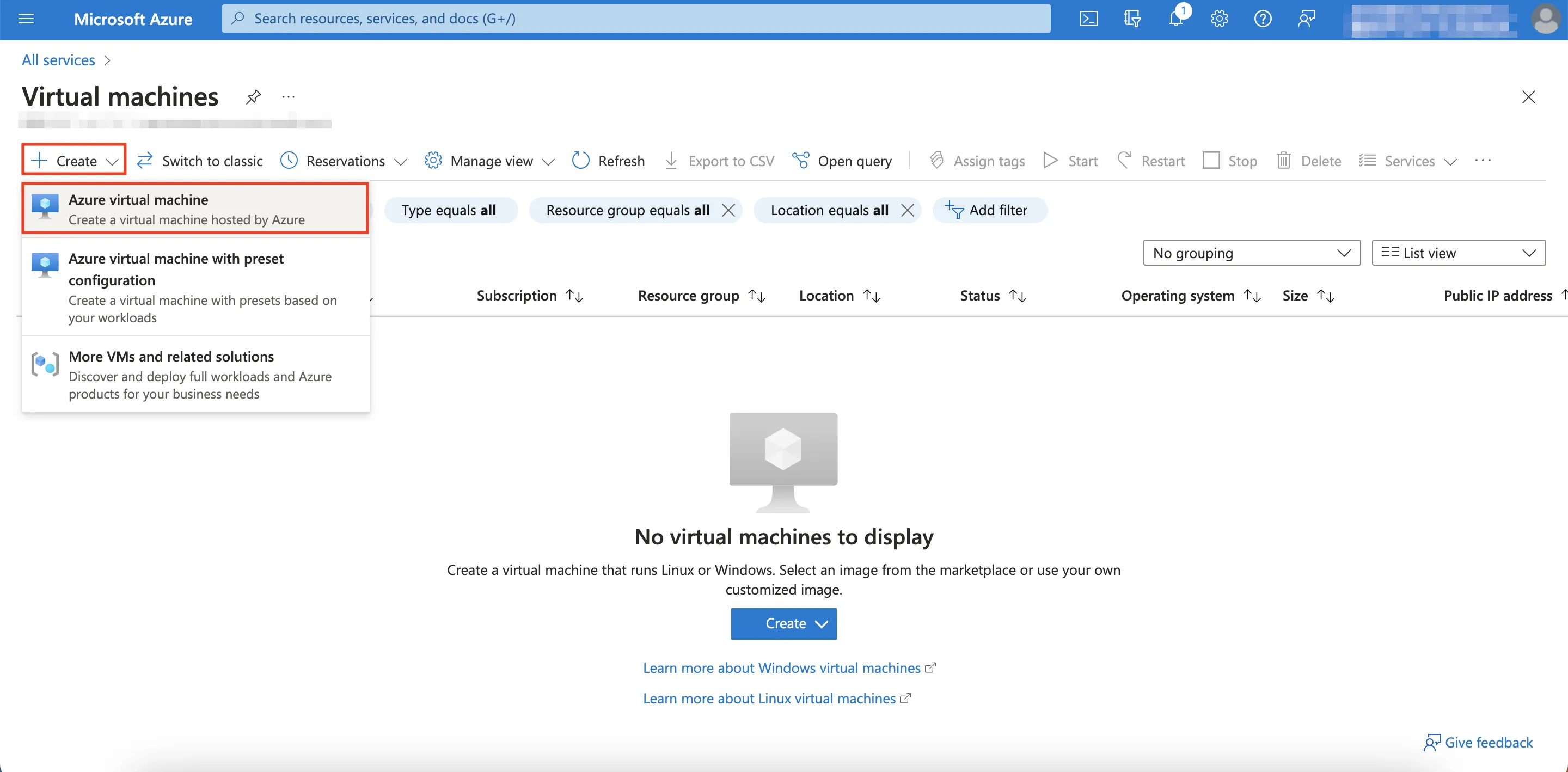 Create Azure Virtual Machine Menu