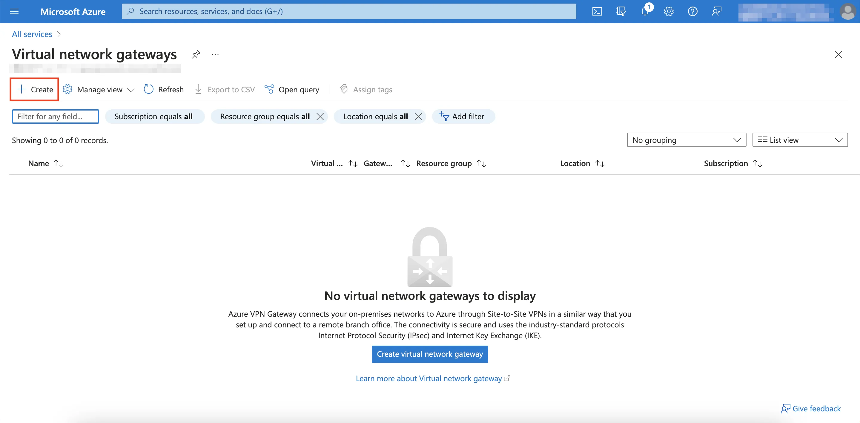 Create VPN Gateway Button