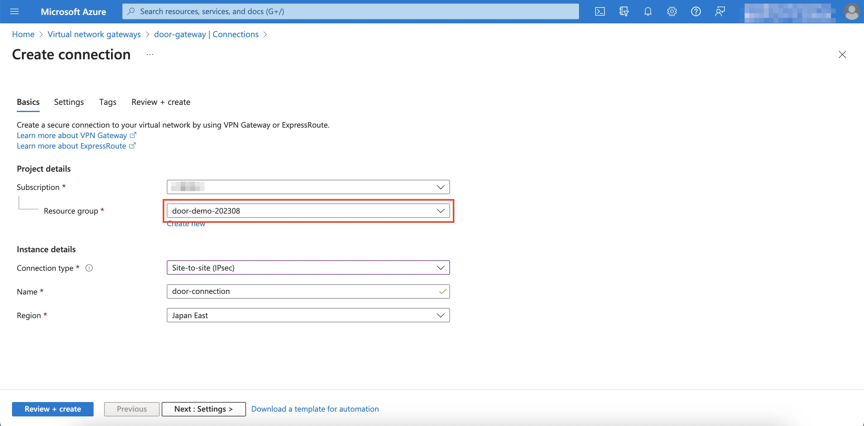 Connection Resource Group Selection