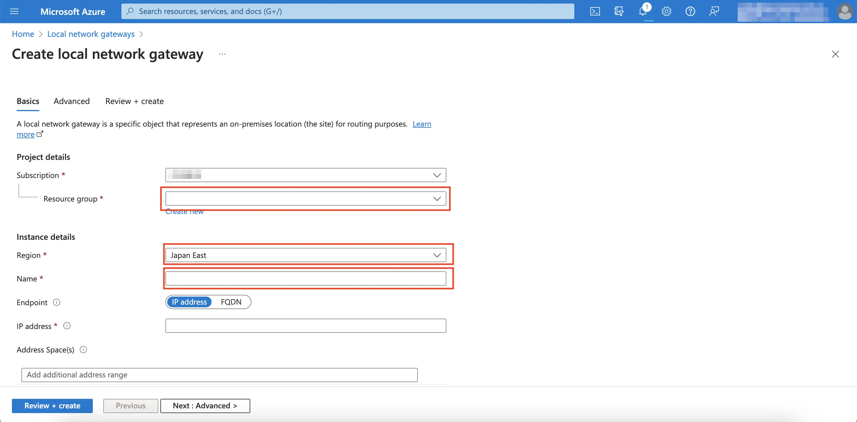 Local Network Gateway Basic Configuration