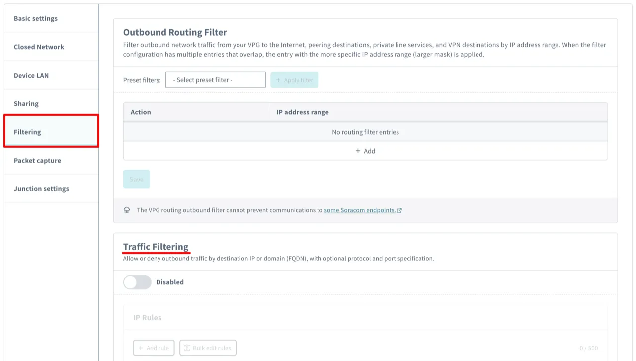The Traffic Filtering section before it is enabled