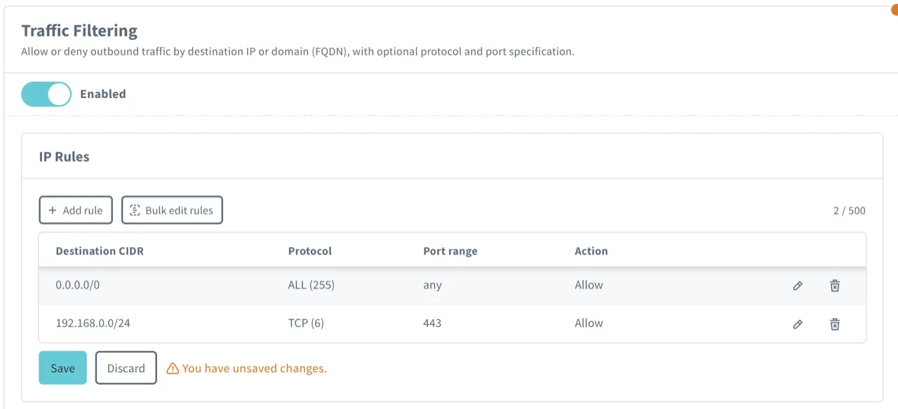 A rule list with unsaved changes: the "You have unsaved changes." notice and the Save and Discard buttons